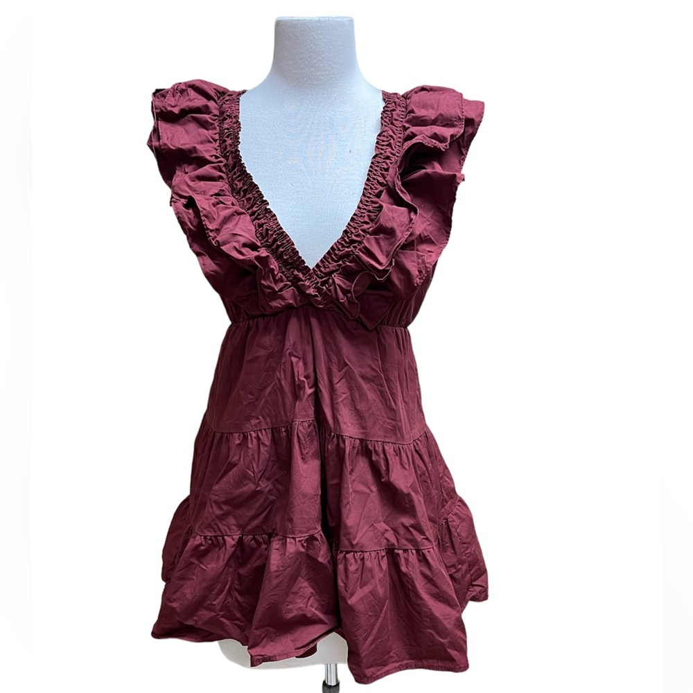 Altar’d State Women M Flare Mini Boho Ruffle Maroon Red Rita Ruffle Dress Tunic